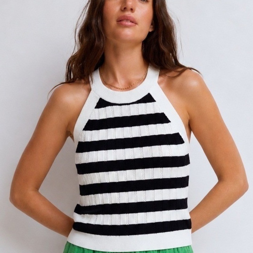 Knit Halter Tank Top Happily Grey Black White Striped Size Medium NWT